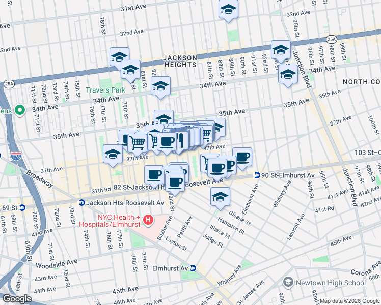 map of restaurants, bars, coffee shops, grocery stores, and more near 84-06 37th Avenue in Queens