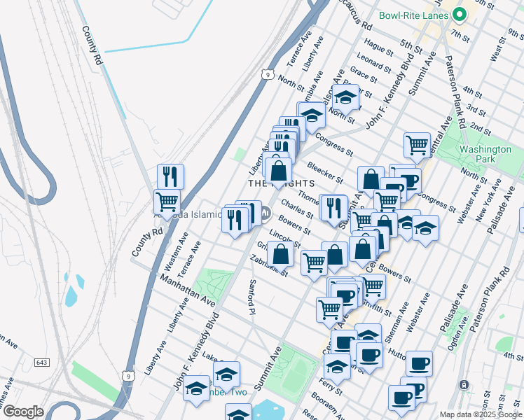 map of restaurants, bars, coffee shops, grocery stores, and more near 76 Columbia Avenue in Jersey City