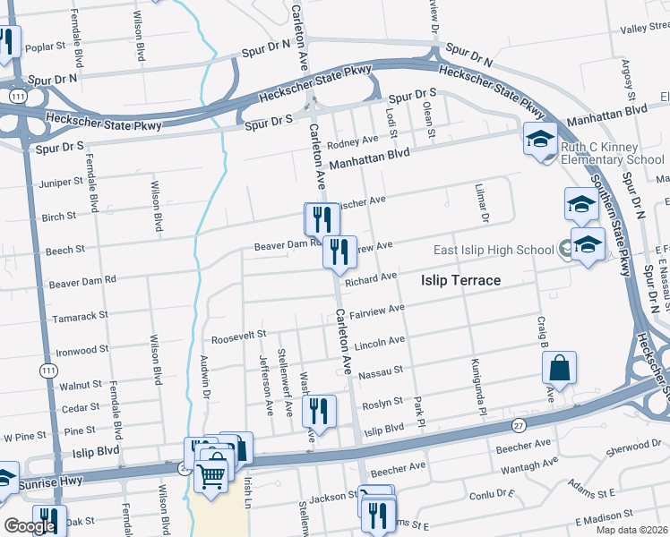 map of restaurants, bars, coffee shops, grocery stores, and more near Carleton Avenue & Irving Place in Islip Terrace