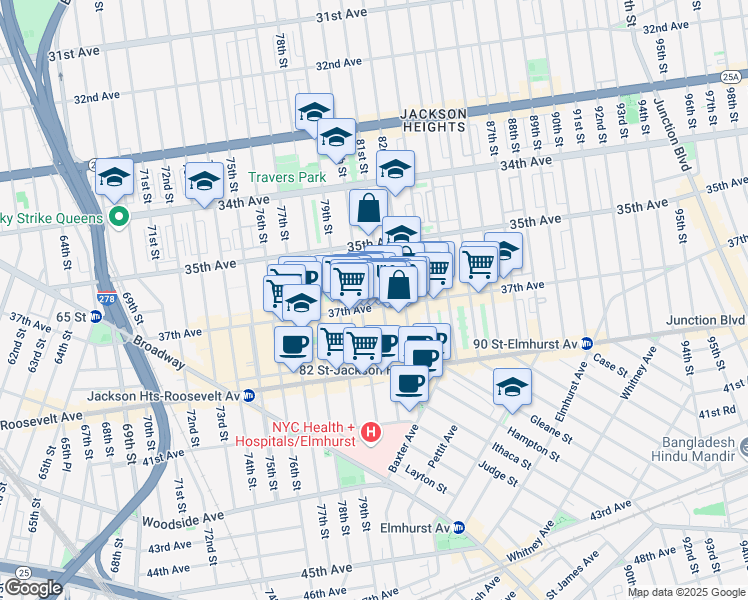 map of restaurants, bars, coffee shops, grocery stores, and more near 35-64 81st Street in Queens