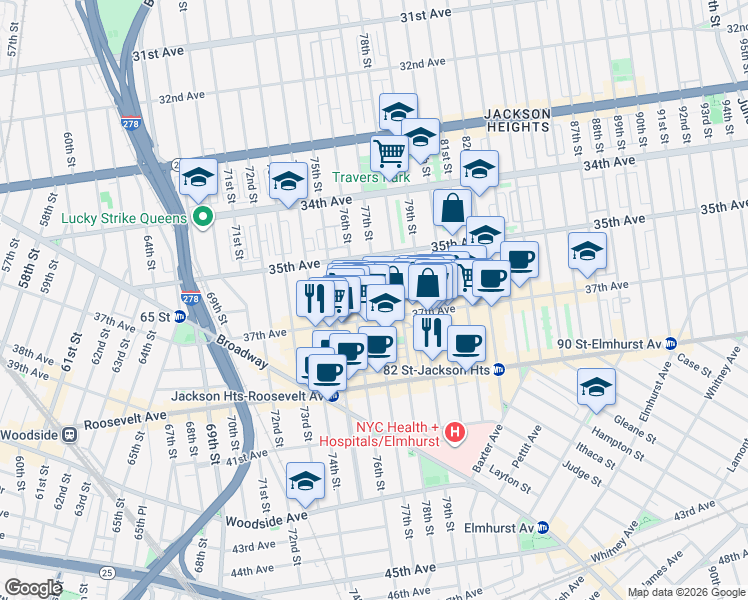 map of restaurants, bars, coffee shops, grocery stores, and more near 35-24 78th Street in Queens