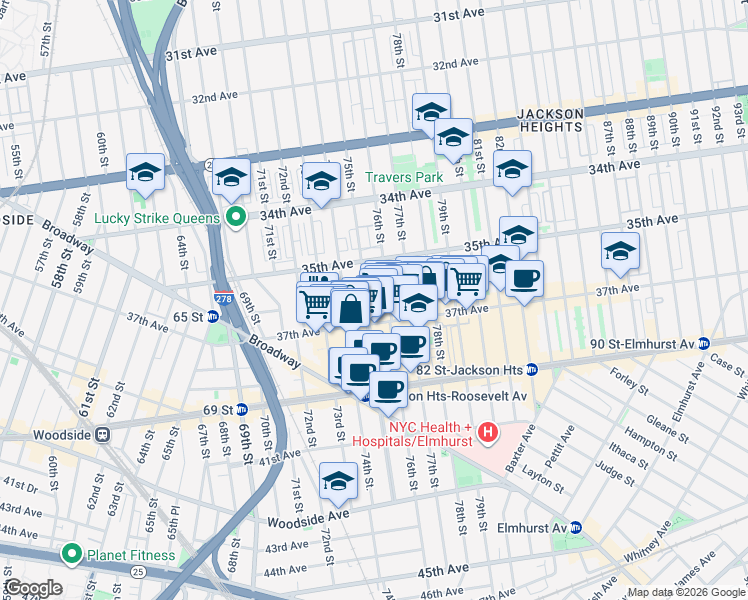 map of restaurants, bars, coffee shops, grocery stores, and more near in Queens