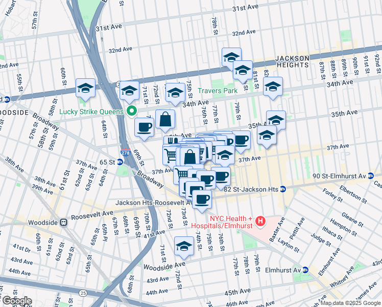 map of restaurants, bars, coffee shops, grocery stores, and more near in Queens