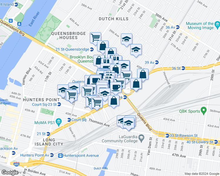 map of restaurants, bars, coffee shops, grocery stores, and more near 27-12 Queens Plaza South in Queens