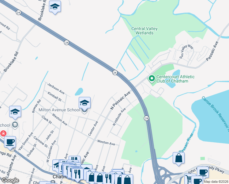 map of restaurants, bars, coffee shops, grocery stores, and more near 181 Center Avenue in Chatham