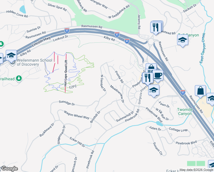 map of restaurants, bars, coffee shops, grocery stores, and more near 8371 Meadowview Drive in Park City
