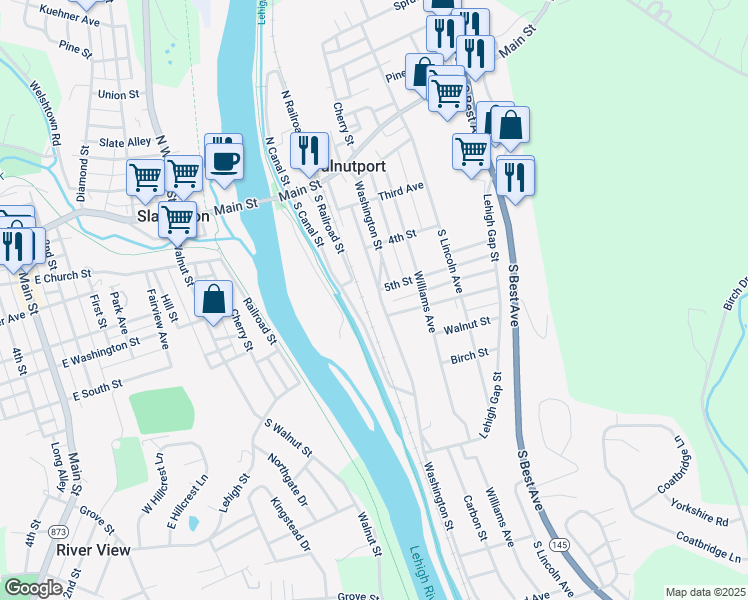 map of restaurants, bars, coffee shops, grocery stores, and more near 502 Washington Street in Walnutport