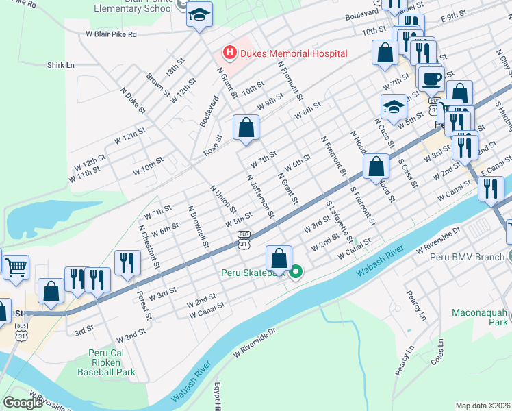 map of restaurants, bars, coffee shops, grocery stores, and more near 75-99 N Jefferson St in Peru