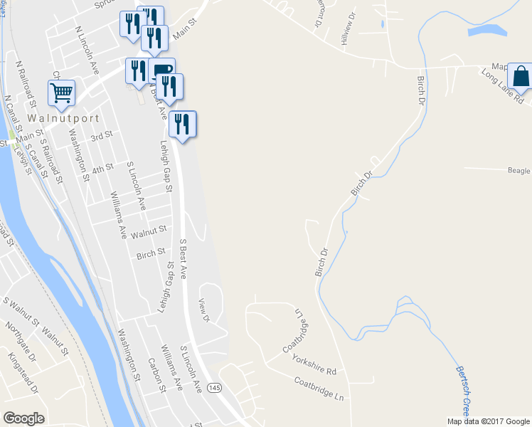 map of restaurants, bars, coffee shops, grocery stores, and more near 655 Birch Drive in Walnutport