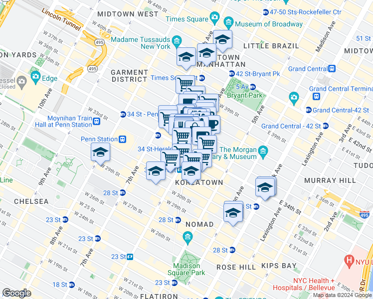 map of restaurants, bars, coffee shops, grocery stores, and more near Broadway & W 34th St in New York