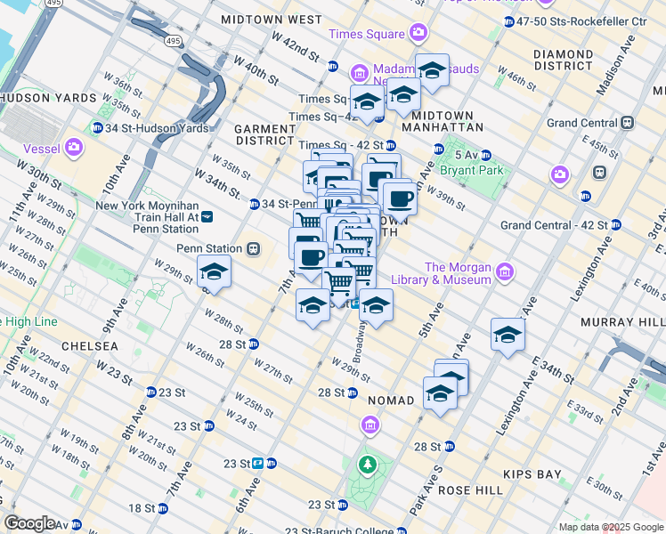 map of restaurants, bars, coffee shops, grocery stores, and more near 131 West 33rd Street in New York