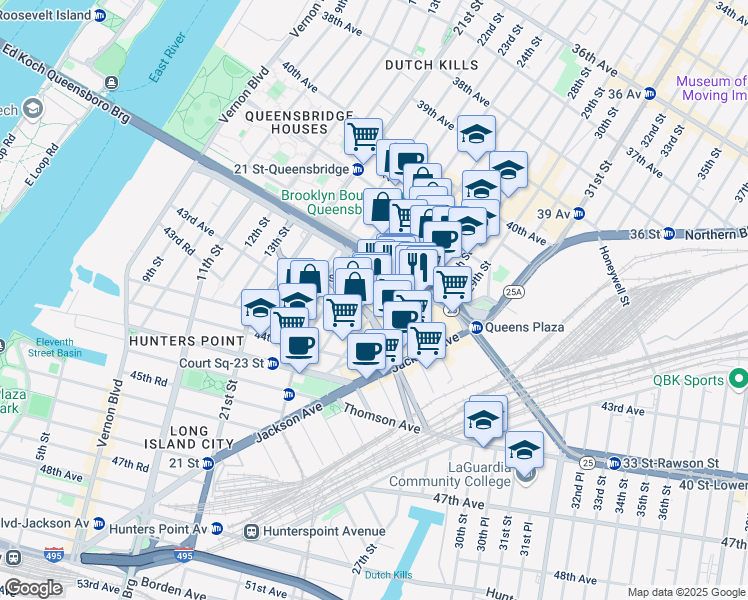 map of restaurants, bars, coffee shops, grocery stores, and more near 42-22 Crescent Street in Queens