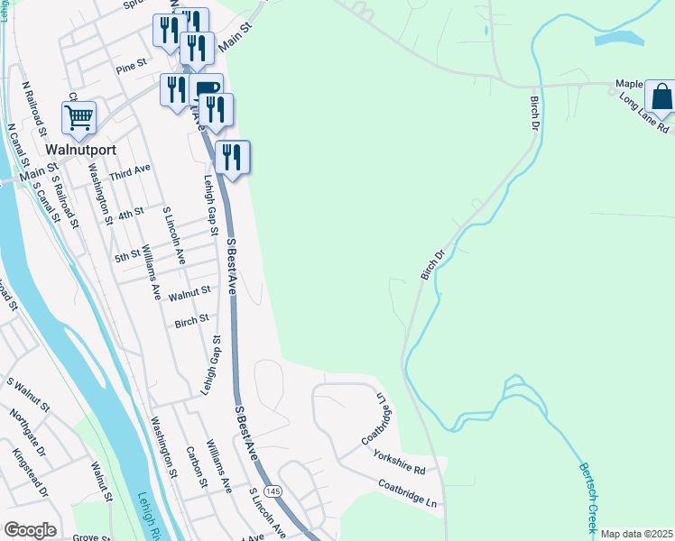 map of restaurants, bars, coffee shops, grocery stores, and more near 655 Birch Drive in Walnutport