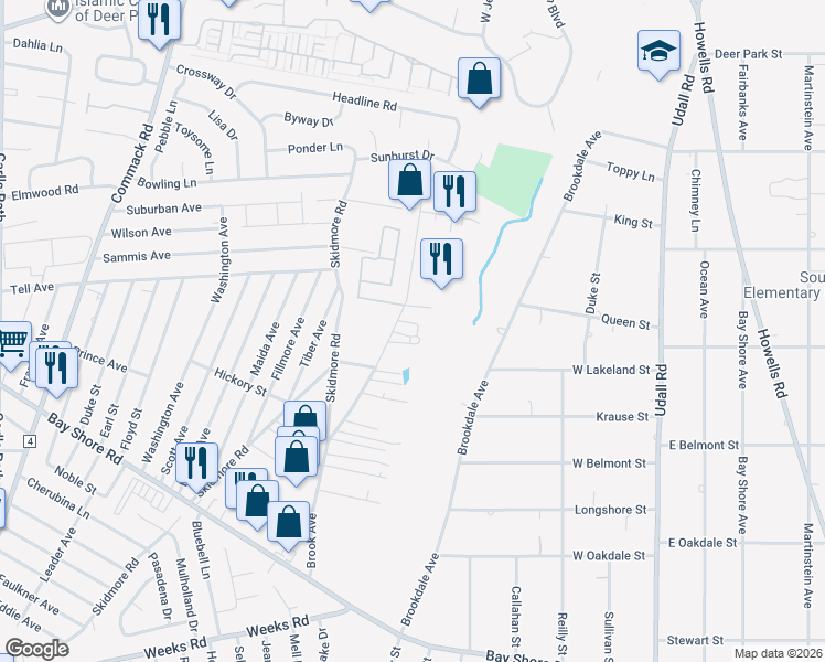 map of restaurants, bars, coffee shops, grocery stores, and more near 211 Brook Avenue in Deer Park