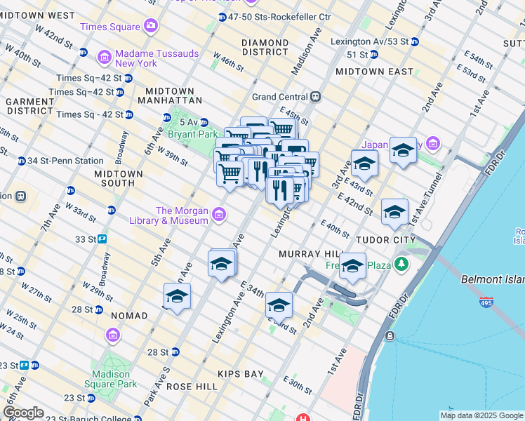 map of restaurants, bars, coffee shops, grocery stores, and more near 77 Park Avenue in New York