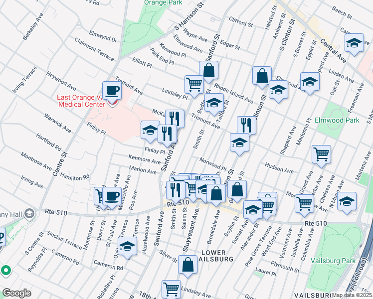 map of restaurants, bars, coffee shops, grocery stores, and more near 312 Sanford Avenue in Newark