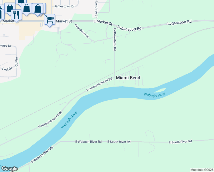 map of restaurants, bars, coffee shops, grocery stores, and more near 4617 Pottawatomie Road in Logansport