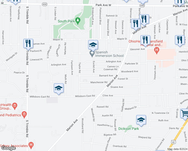 map of restaurants, bars, coffee shops, grocery stores, and more near 660 Barnard Avenue in Mansfield