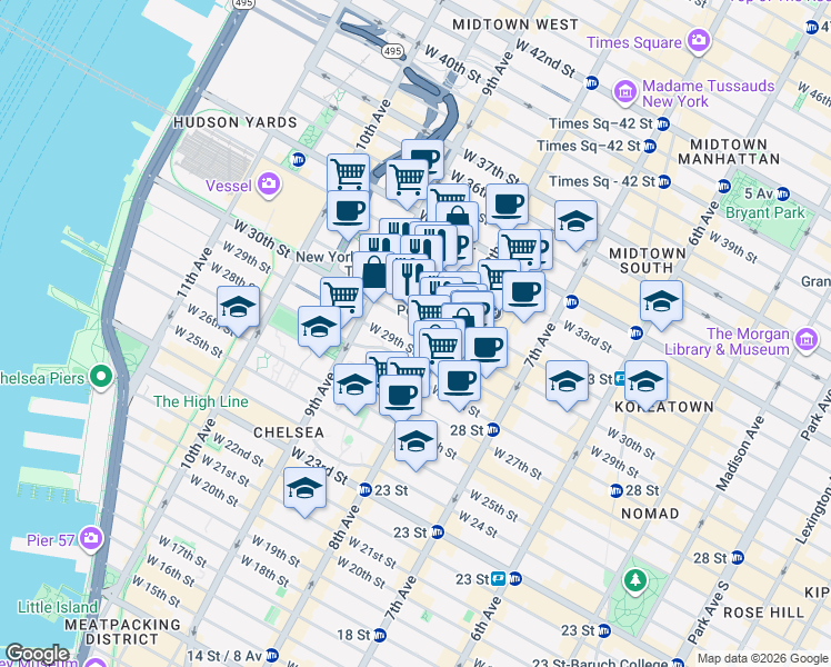 map of restaurants, bars, coffee shops, grocery stores, and more near 341 West 30th Street in New York