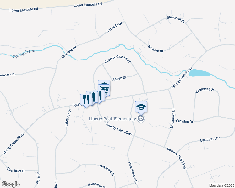 map of restaurants, bars, coffee shops, grocery stores, and more near 321 Spring Creek Parkway in Spring Creek
