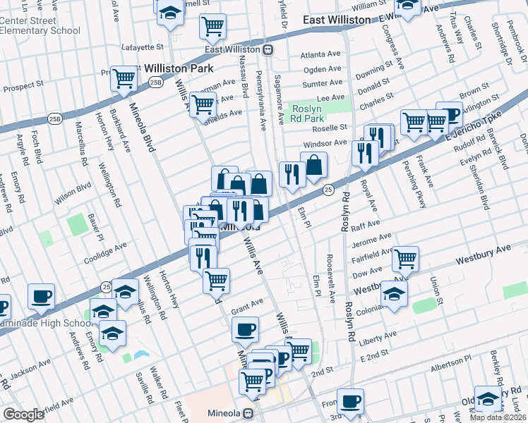 map of restaurants, bars, coffee shops, grocery stores, and more near 298 Nassau Boulevard in Mineola