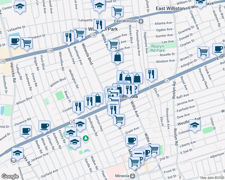 map of restaurants, bars, coffee shops, grocery stores, and more near 210 Linden Road in Mineola