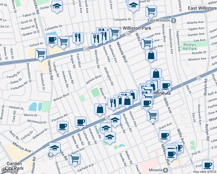 map of restaurants, bars, coffee shops, grocery stores, and more near 400 Wellington Road in Mineola