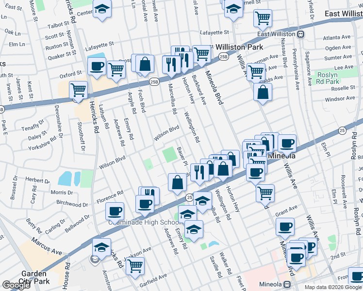 map of restaurants, bars, coffee shops, grocery stores, and more near 421 Marcellus Road in Mineola