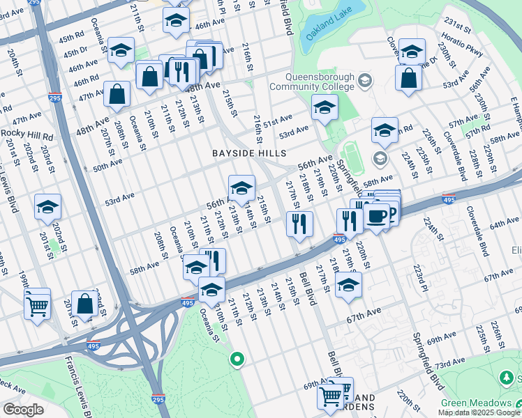map of restaurants, bars, coffee shops, grocery stores, and more near 56-06 215th Street in Queens