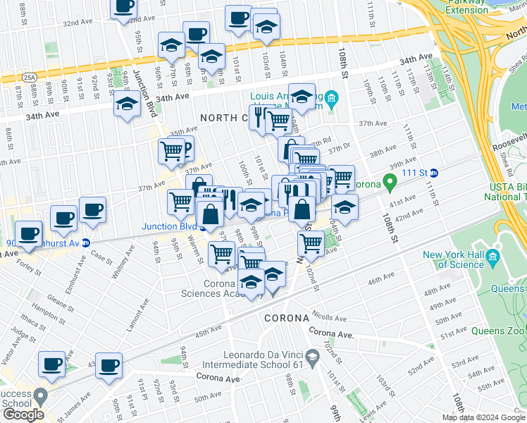 map of restaurants, bars, coffee shops, grocery stores, and more near 38-7 100th Street in Queens