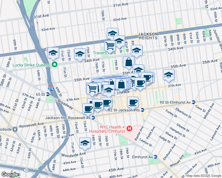 map of restaurants, bars, coffee shops, grocery stores, and more near 35-24 78th Street in Queens