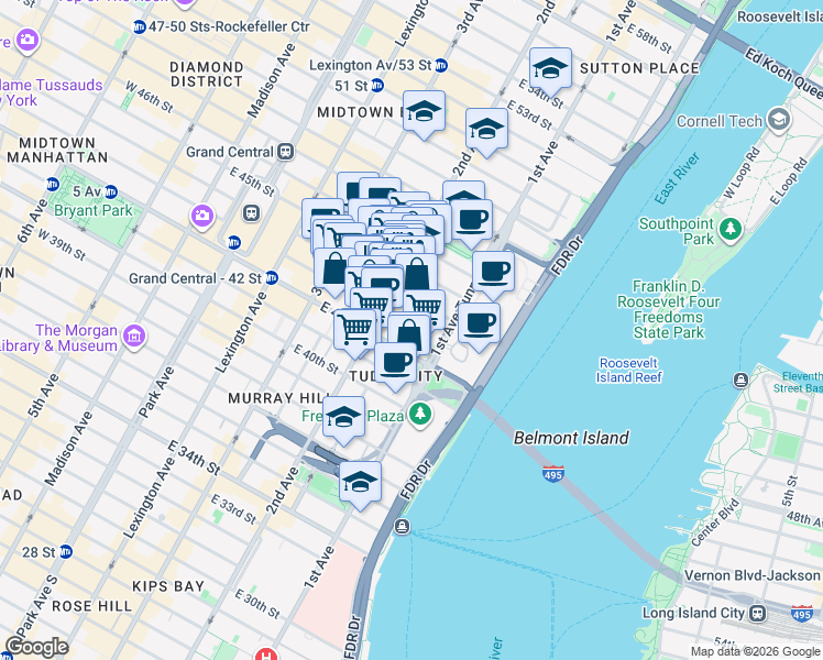 map of restaurants, bars, coffee shops, grocery stores, and more near 303 East 43rd Street in New York