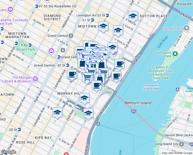 map of restaurants, bars, coffee shops, grocery stores, and more near 303 East 43rd Street in New York