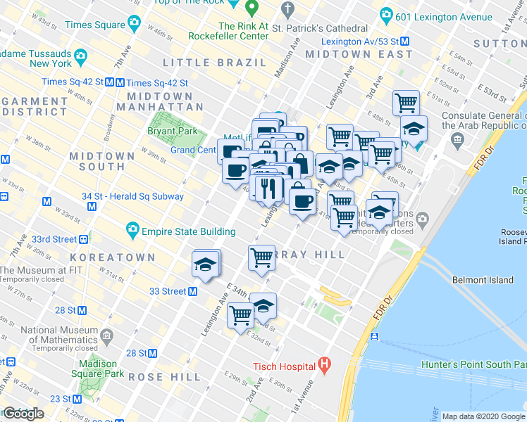 map of restaurants, bars, coffee shops, grocery stores, and more near in New York
