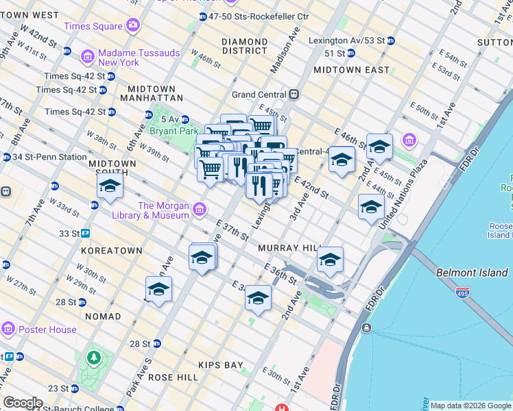 map of restaurants, bars, coffee shops, grocery stores, and more near in New York