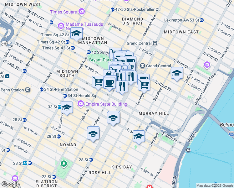 map of restaurants, bars, coffee shops, grocery stores, and more near 27-29 East 39th Street in New York