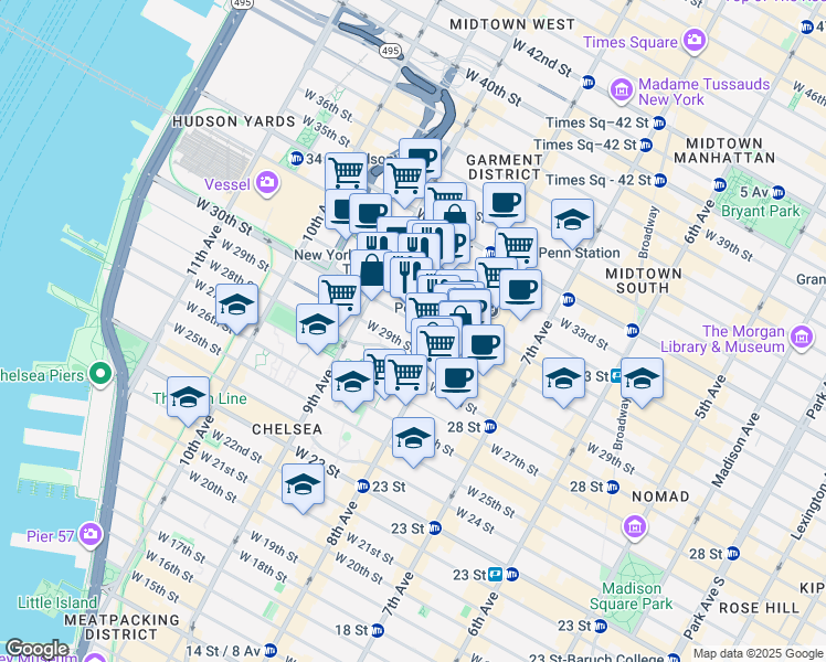 map of restaurants, bars, coffee shops, grocery stores, and more near 341 West 30th Street in New York