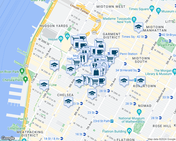 map of restaurants, bars, coffee shops, grocery stores, and more near 341 West 30th Street in New York