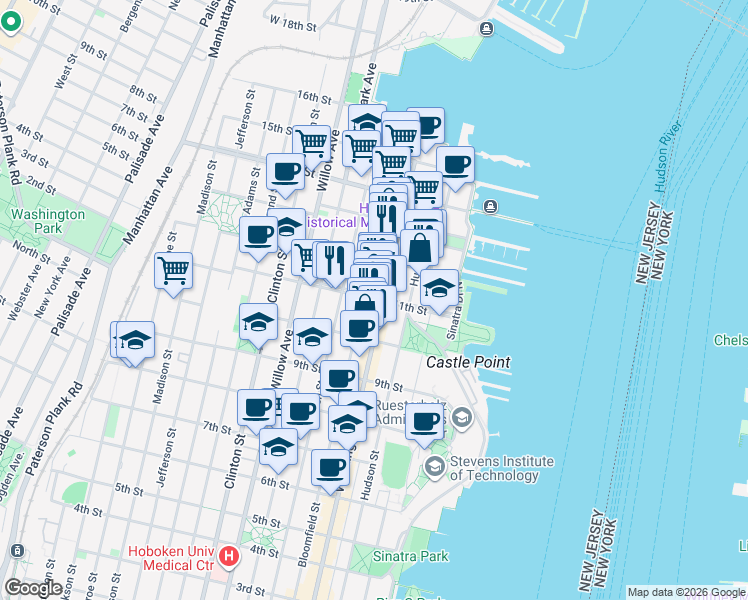 map of restaurants, bars, coffee shops, grocery stores, and more near 1100 Washington Street in Hoboken