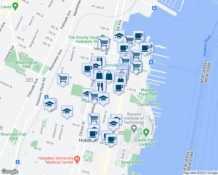 map of restaurants, bars, coffee shops, grocery stores, and more near 216 11th Street in Hoboken