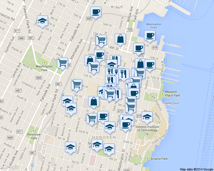 map of restaurants, bars, coffee shops, grocery stores, and more near 1035 Grand Street in Hoboken