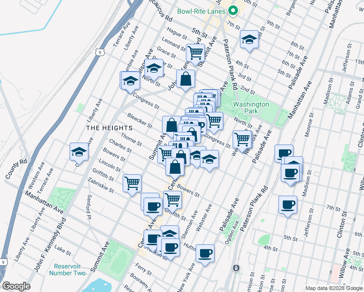 map of restaurants, bars, coffee shops, grocery stores, and more near 21 Paterson Street in Jersey City