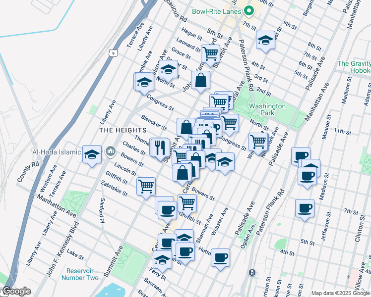 map of restaurants, bars, coffee shops, grocery stores, and more near 47 Bleecker Street in Jersey City