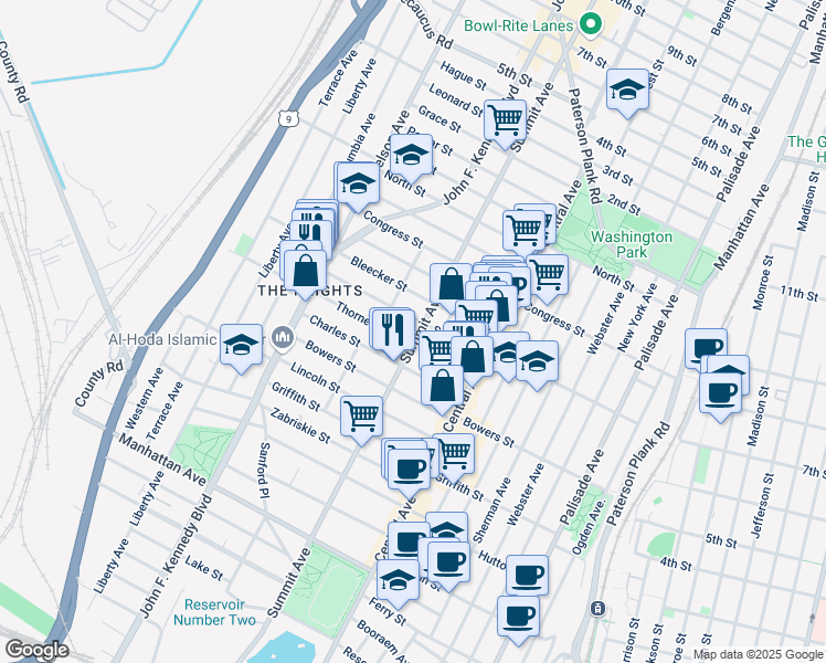 map of restaurants, bars, coffee shops, grocery stores, and more near 186-188 South Street in Jersey City