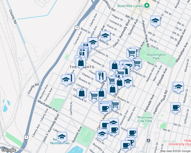 map of restaurants, bars, coffee shops, grocery stores, and more near 106 Thorne Street in Jersey City