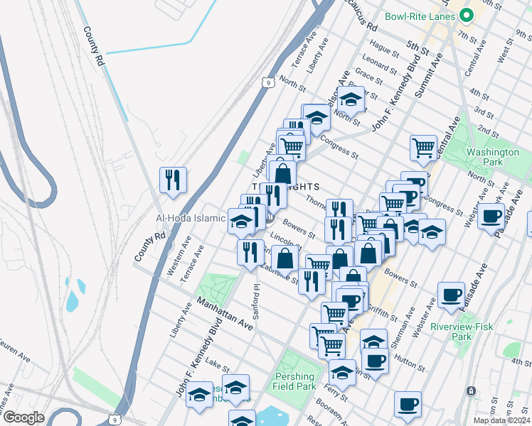 map of restaurants, bars, coffee shops, grocery stores, and more near 76 Columbia Avenue in Jersey City
