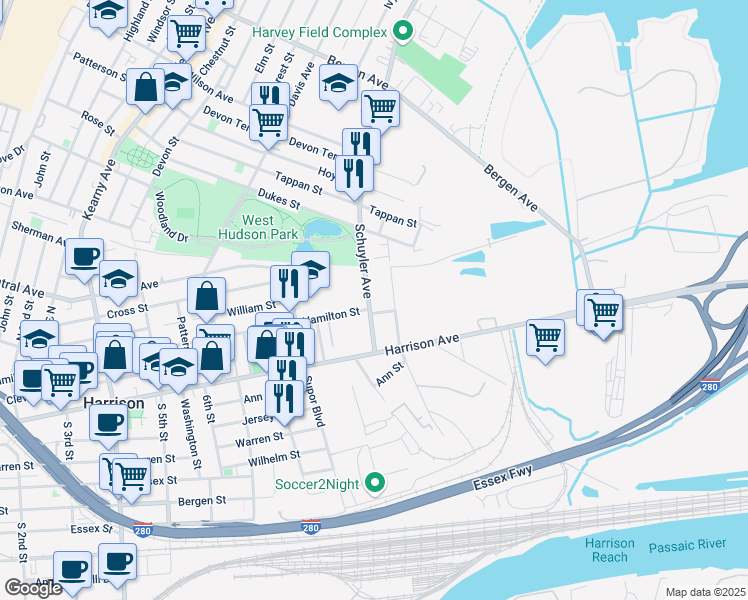 map of restaurants, bars, coffee shops, grocery stores, and more near 62 Schuyler Avenue in Kearny