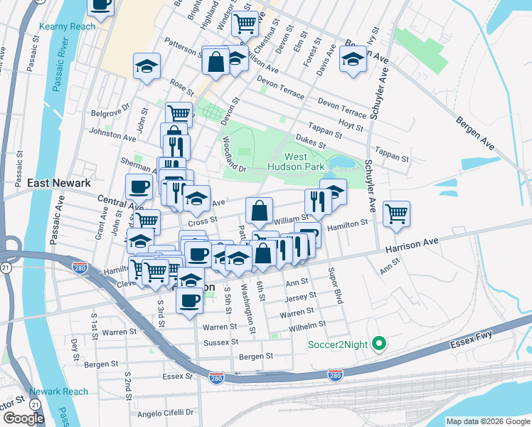 map of restaurants, bars, coffee shops, grocery stores, and more near 512 Davis Avenue in Harrison