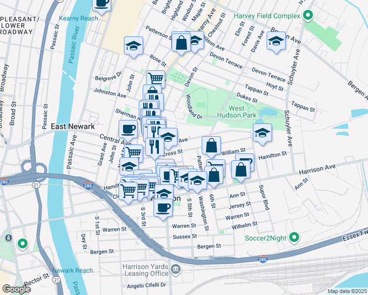 map of restaurants, bars, coffee shops, grocery stores, and more near 524 Central Avenue in Harrison