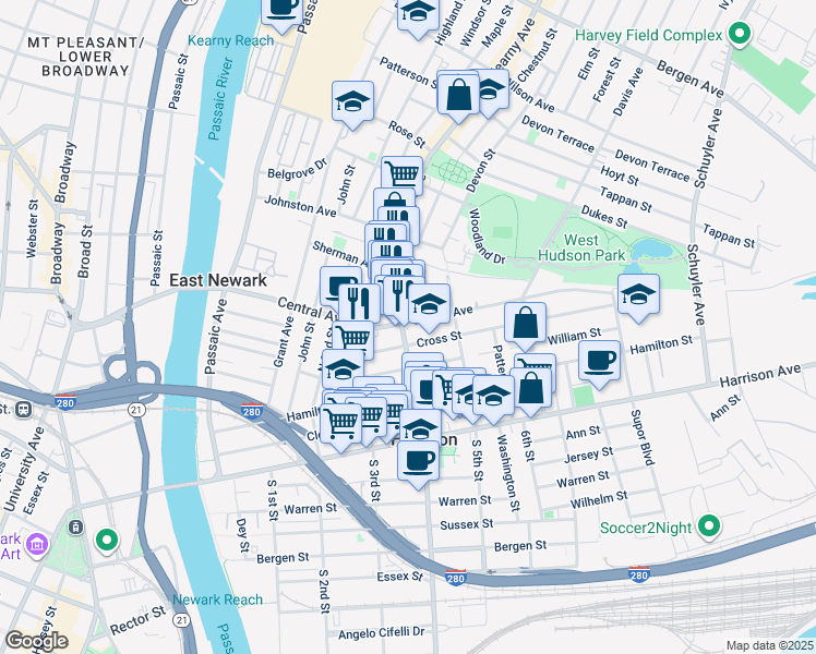 map of restaurants, bars, coffee shops, grocery stores, and more near 511 Frank E Rodgers Boulevard North in Harrison
